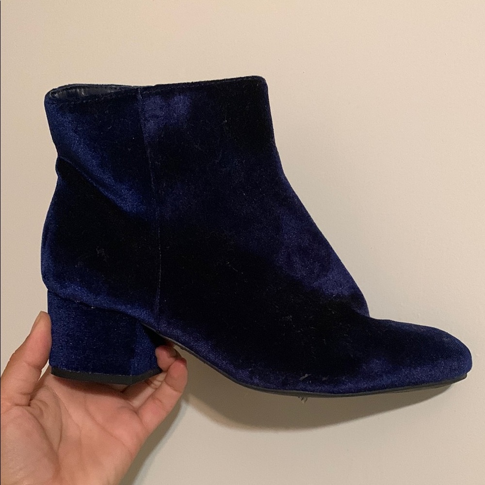 Blue Velvet Ankle Booties with Block Heel